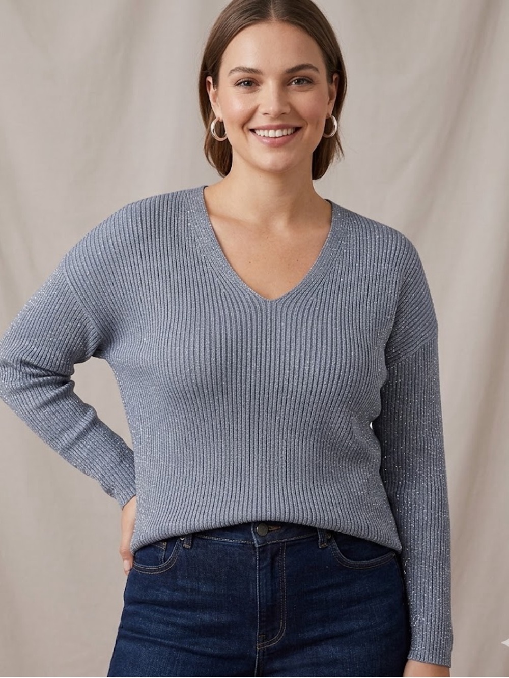 White Stag Blue Sparkly Silver V-Neck Sweater Women’s Size Large Knit Top